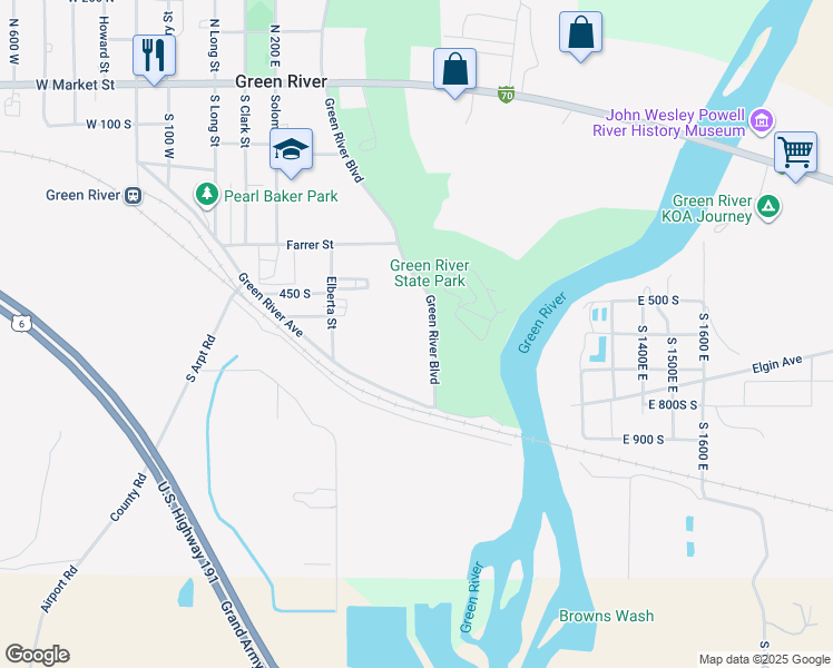 map of restaurants, bars, coffee shops, grocery stores, and more near 450 Green River Boulevard in Green River