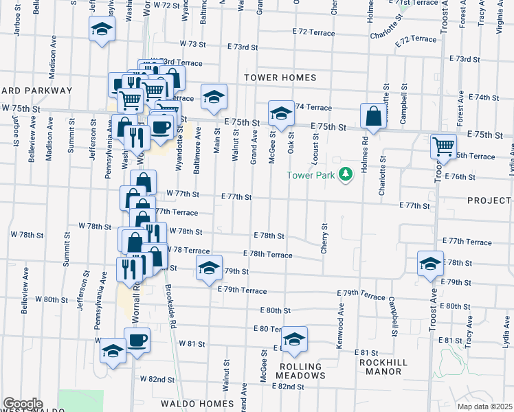 map of restaurants, bars, coffee shops, grocery stores, and more near 7711 Grand Avenue in Kansas City