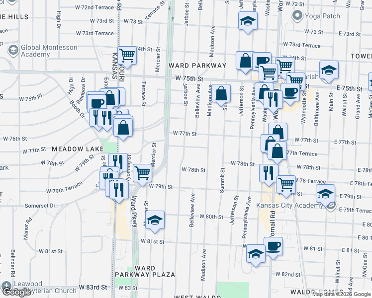 map of restaurants, bars, coffee shops, grocery stores, and more near 1007 West 77th Terrace in Kansas City
