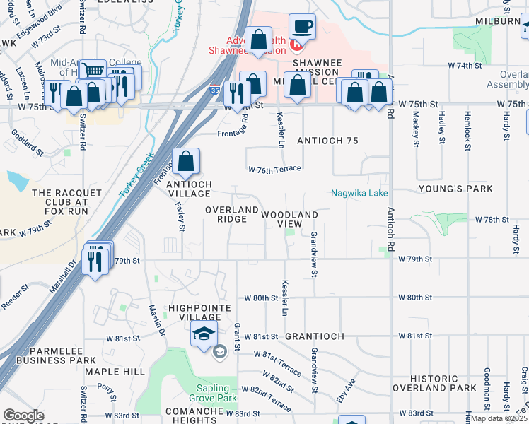 map of restaurants, bars, coffee shops, grocery stores, and more near 7767 England Street in Overland Park