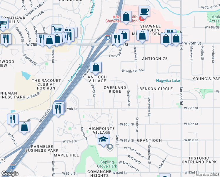 map of restaurants, bars, coffee shops, grocery stores, and more near 7800 Grant Lane in Overland Park