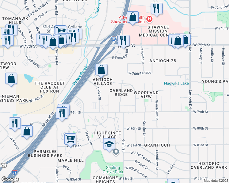 map of restaurants, bars, coffee shops, grocery stores, and more near 7800 Grant Lane in Overland Park
