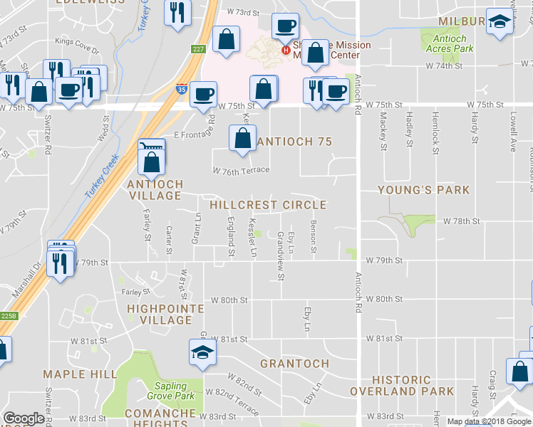 map of restaurants, bars, coffee shops, grocery stores, and more near 9118 West 78th Street in Overland Park