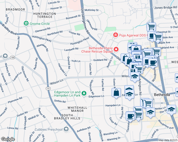 map of restaurants, bars, coffee shops, grocery stores, and more near 7810 Custer Road in Bethesda