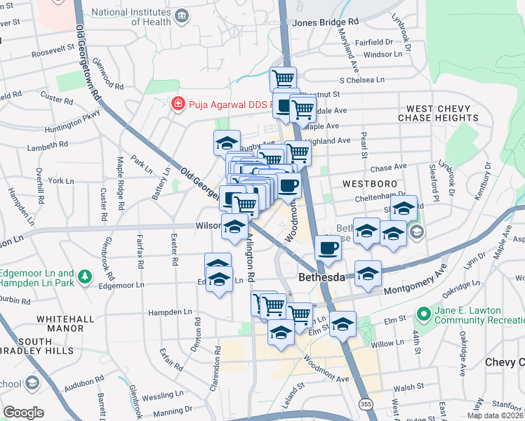 map of restaurants, bars, coffee shops, grocery stores, and more near 4924 Saint Elmo Avenue in Bethesda