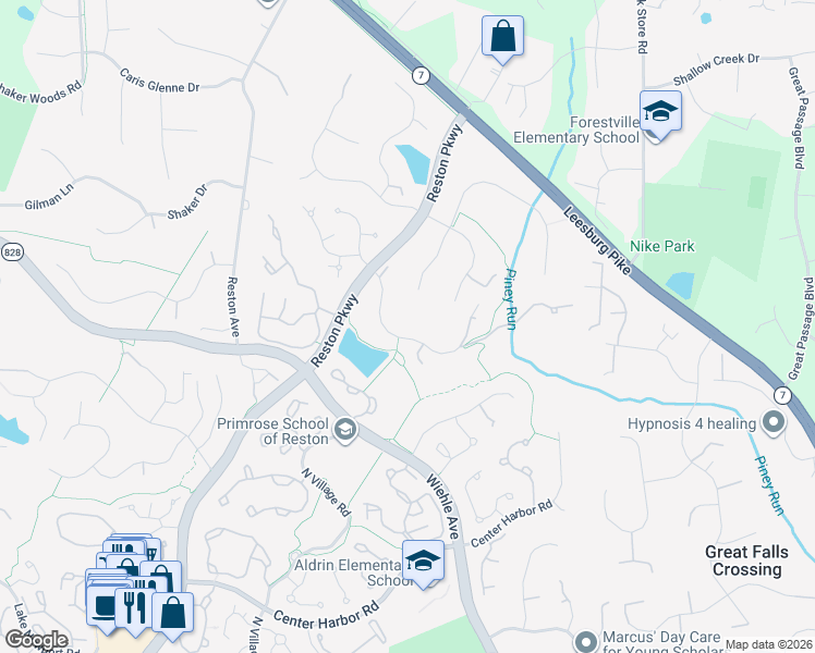 map of restaurants, bars, coffee shops, grocery stores, and more near 11318 Bright Pond Ln in Reston