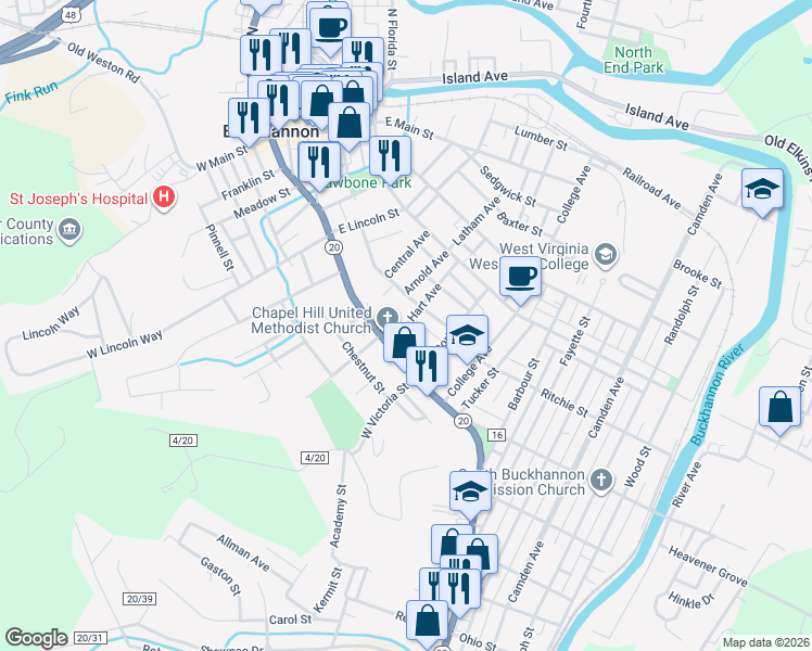 map of restaurants, bars, coffee shops, grocery stores, and more near 87 South Smithfield Street in Buckhannon