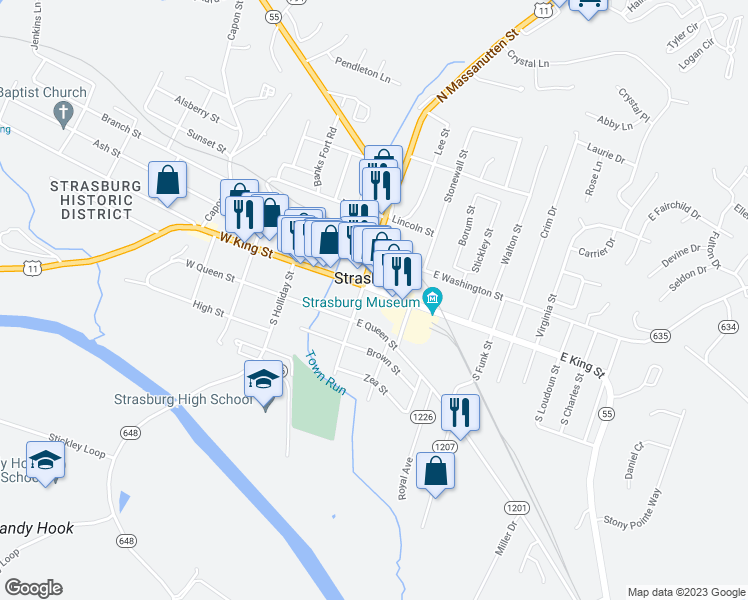 map of restaurants, bars, coffee shops, grocery stores, and more near 330 East King Street in Strasburg