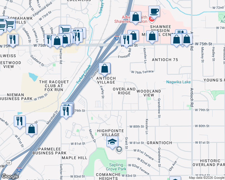 map of restaurants, bars, coffee shops, grocery stores, and more near 9529 West 78th Street in Overland Park