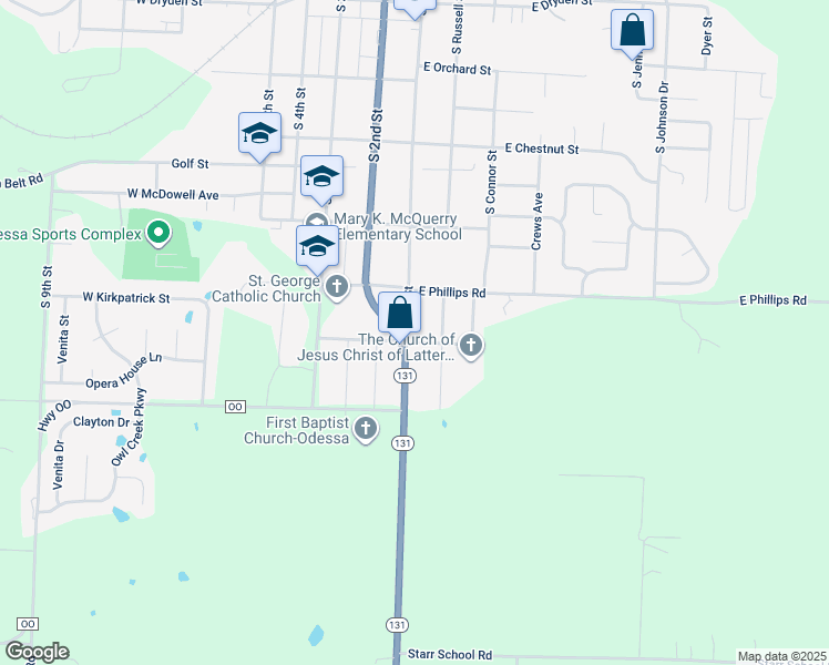 map of restaurants, bars, coffee shops, grocery stores, and more near 714 South 1st Street in Odessa