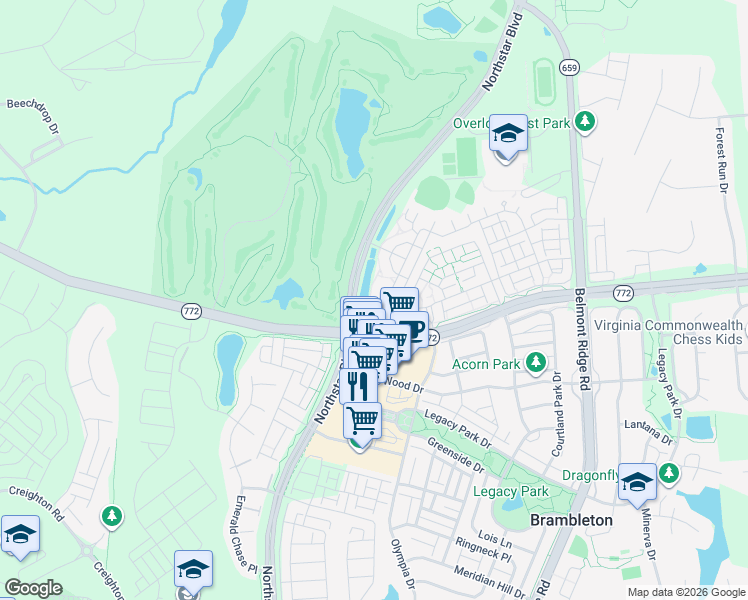 map of restaurants, bars, coffee shops, grocery stores, and more near 22749 Balduck Terrace in Ashburn