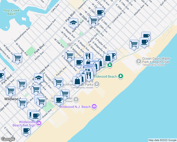 map of restaurants, bars, coffee shops, grocery stores, and more near 330 East Oak Avenue in Wildwood