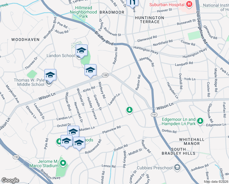 map of restaurants, bars, coffee shops, grocery stores, and more near 5927 Kirby Road in Bethesda