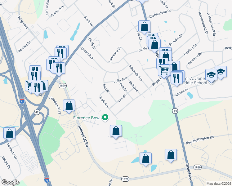 map of restaurants, bars, coffee shops, grocery stores, and more near 6 Dell Court in Florence