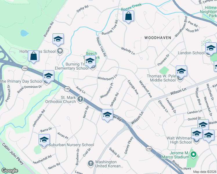 map of restaurants, bars, coffee shops, grocery stores, and more near 1 Winterberry Court in Bethesda