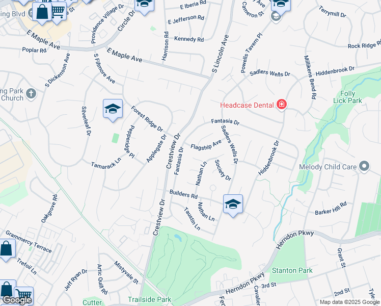 map of restaurants, bars, coffee shops, grocery stores, and more near 12808 Lady Fairfax Circle in Herndon