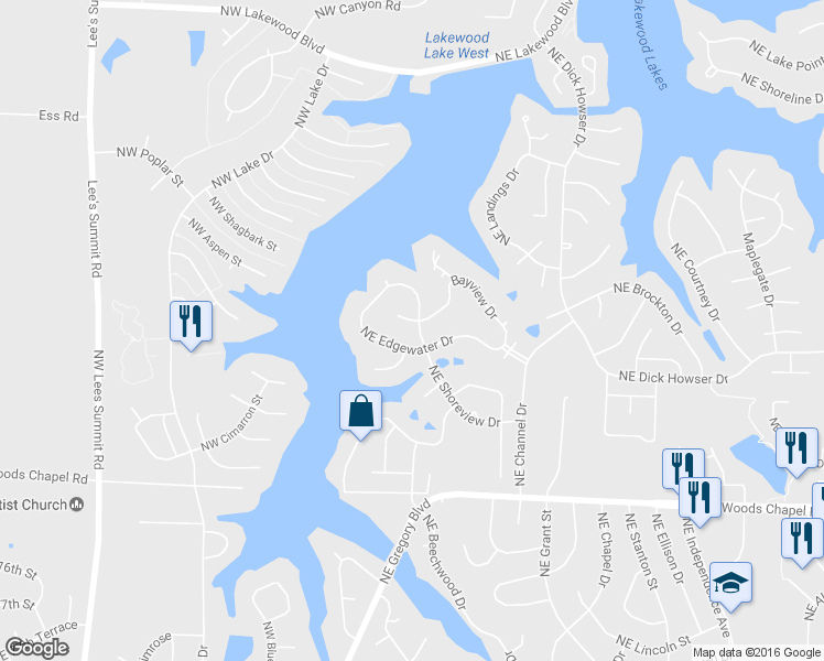 map of restaurants, bars, coffee shops, grocery stores, and more near 23 Northeast Bayview Drive in Lee's Summit