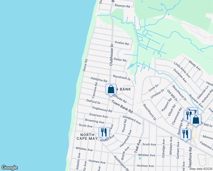 map of restaurants, bars, coffee shops, grocery stores, and more near 33 Beverly Road in North Cape May