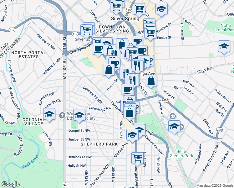 map of restaurants, bars, coffee shops, grocery stores, and more near 8040 Kennett Street in Silver Spring