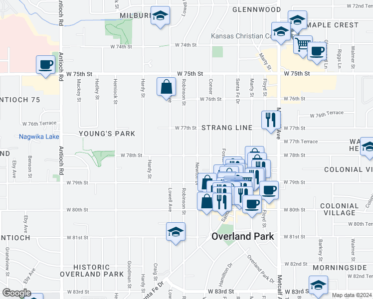 map of restaurants, bars, coffee shops, grocery stores, and more near 7729 Robinson Street in Overland Park