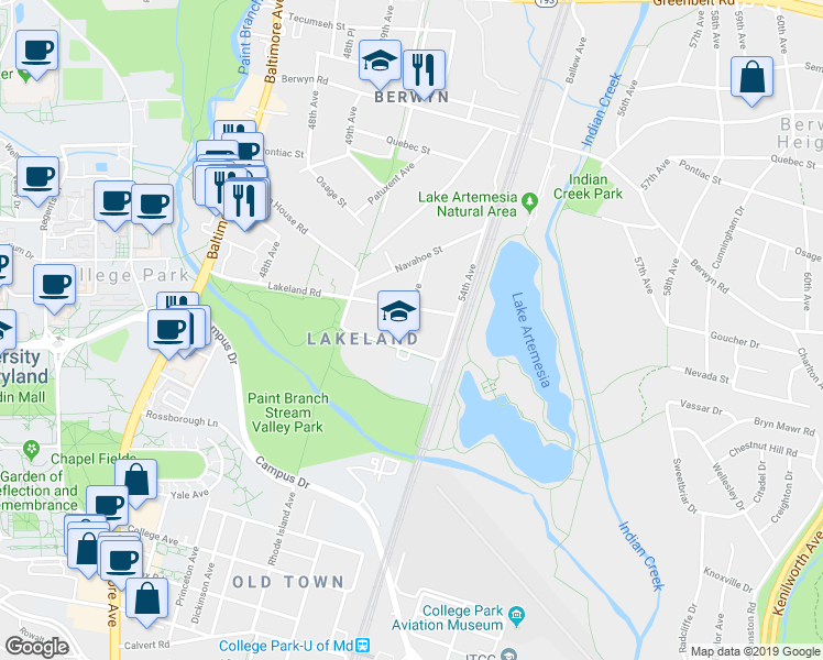map of restaurants, bars, coffee shops, grocery stores, and more near 8003 51st Avenue in College Park