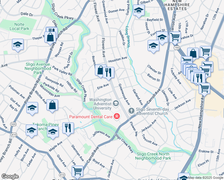 map of restaurants, bars, coffee shops, grocery stores, and more near 726 Maplewood Avenue in Takoma Park