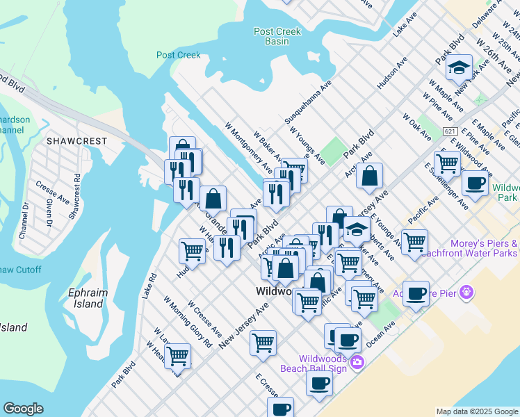 map of restaurants, bars, coffee shops, grocery stores, and more near 338 West Burk Avenue in Wildwood