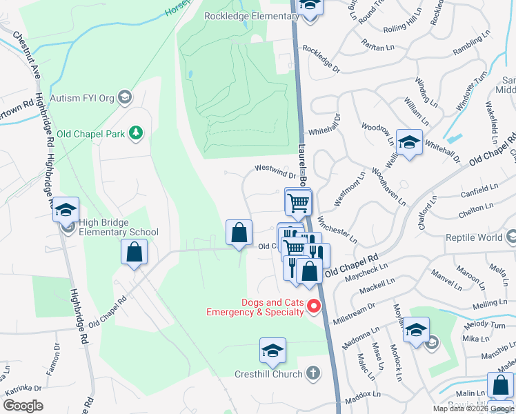 map of restaurants, bars, coffee shops, grocery stores, and more near 14102 Wainwright Court in Bowie