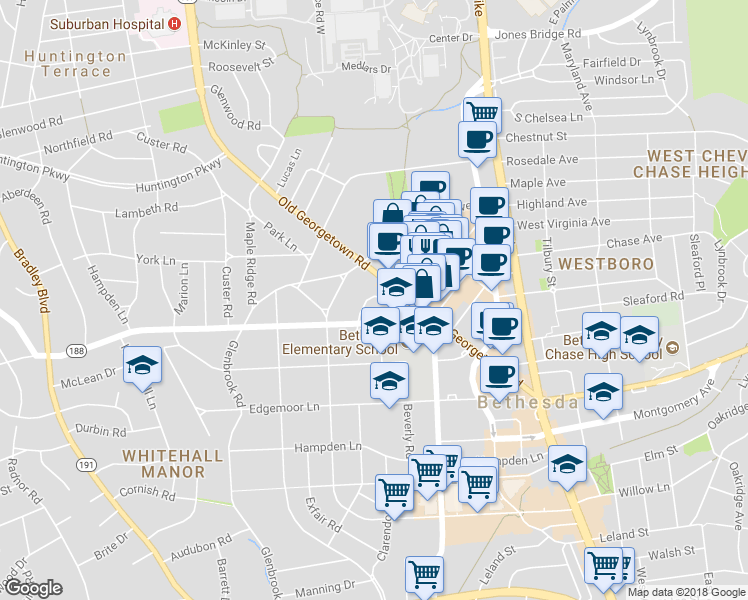 map of restaurants, bars, coffee shops, grocery stores, and more near 5012 Del Ray Avenue in Bethesda