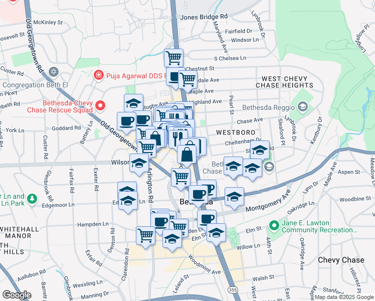 map of restaurants, bars, coffee shops, grocery stores, and more near 7758 Norfolk Avenue in Bethesda