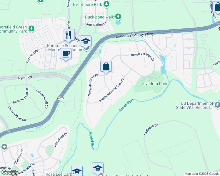 map of restaurants, bars, coffee shops, grocery stores, and more near 43437 Lucketts Bridge Circle in Ashburn