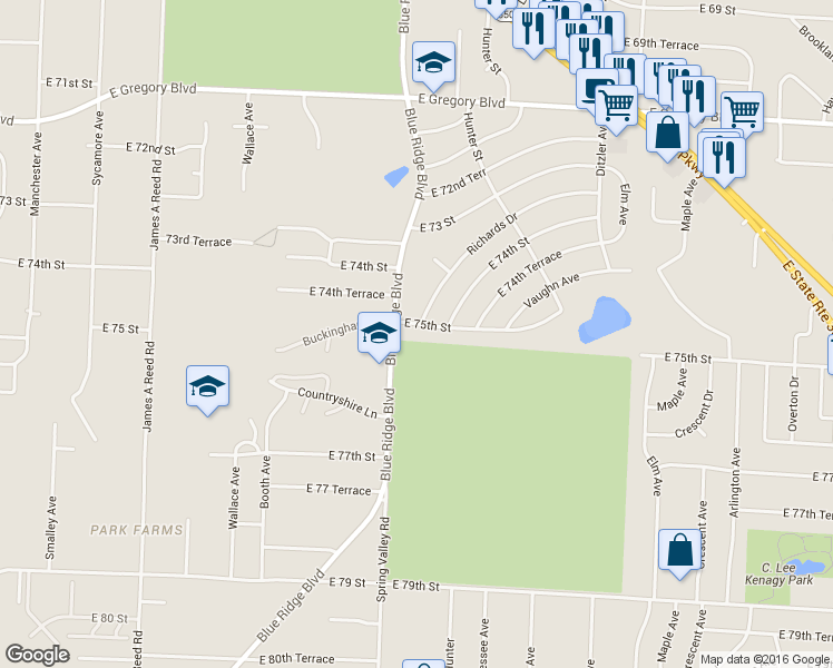 map of restaurants, bars, coffee shops, grocery stores, and more near 8805 East 75th Street in Raytown