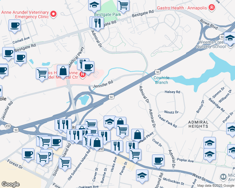 map of restaurants, bars, coffee shops, grocery stores, and more near Maryland 2 in Annapolis