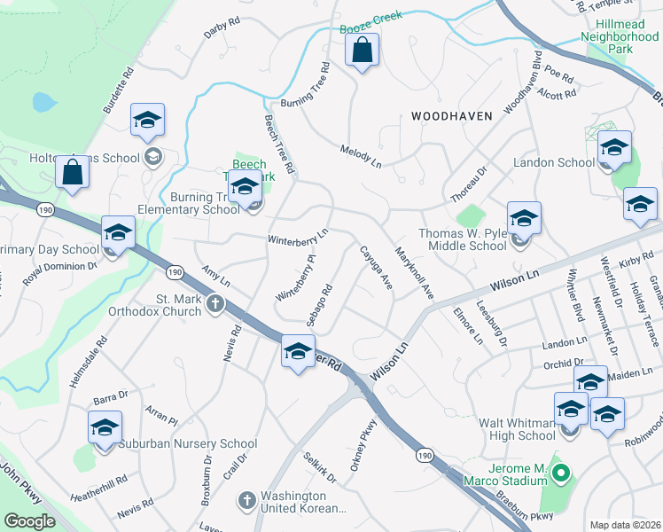 map of restaurants, bars, coffee shops, grocery stores, and more near 7700 Sebago Road in Bethesda