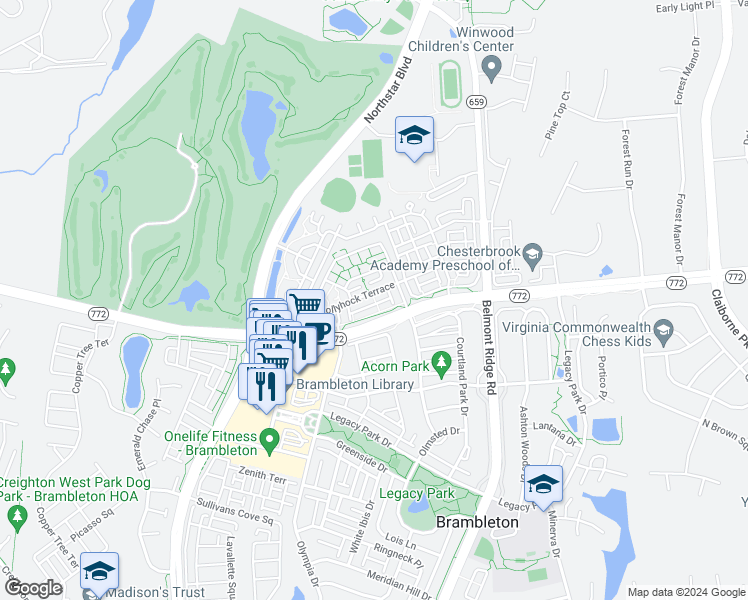 map of restaurants, bars, coffee shops, grocery stores, and more near 42480 Rockrose Square in Ashburn
