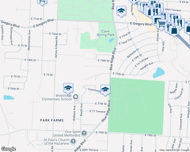 map of restaurants, bars, coffee shops, grocery stores, and more near Buckingham Lane in Kansas City