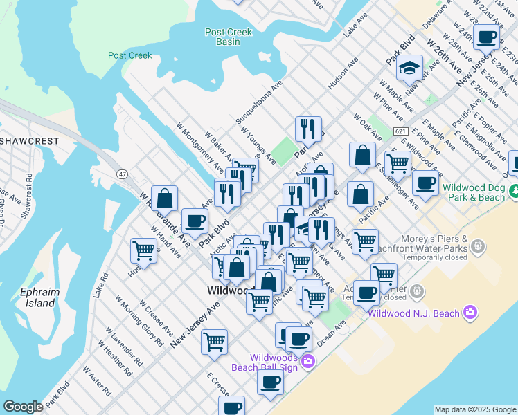 map of restaurants, bars, coffee shops, grocery stores, and more near 4310 Arctic Avenue in Wildwood