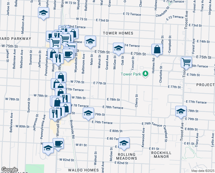 map of restaurants, bars, coffee shops, grocery stores, and more near 7711 Grand Ave in Kansas City