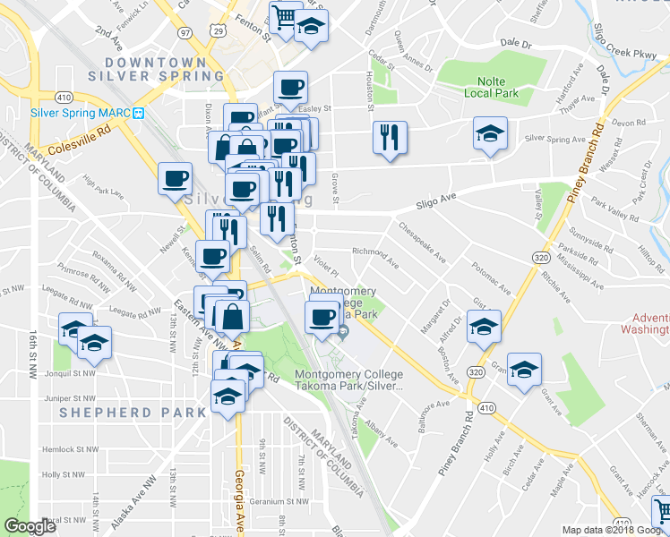 map of restaurants, bars, coffee shops, grocery stores, and more near 819 Violet Place in Silver Spring