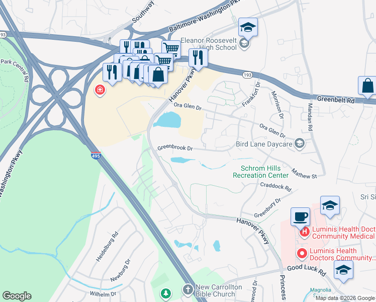map of restaurants, bars, coffee shops, grocery stores, and more near 7607 Greenbrook Drive in Greenbelt