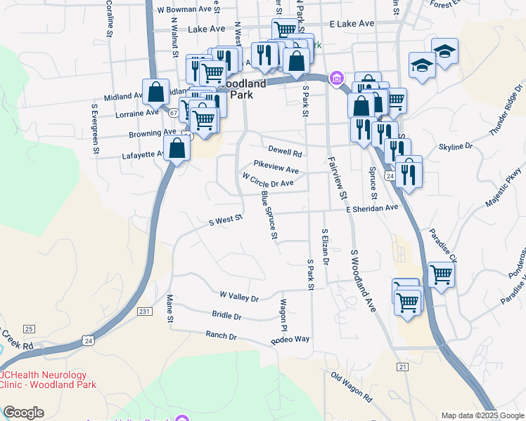 map of restaurants, bars, coffee shops, grocery stores, and more near 610 Blue Spruce Street in Woodland Park