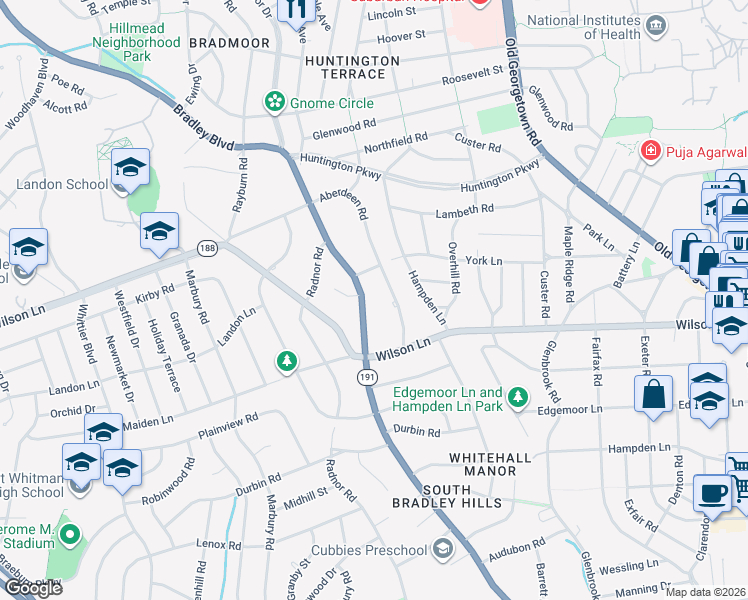 map of restaurants, bars, coffee shops, grocery stores, and more near 5731 Bradley Boulevard in Bethesda