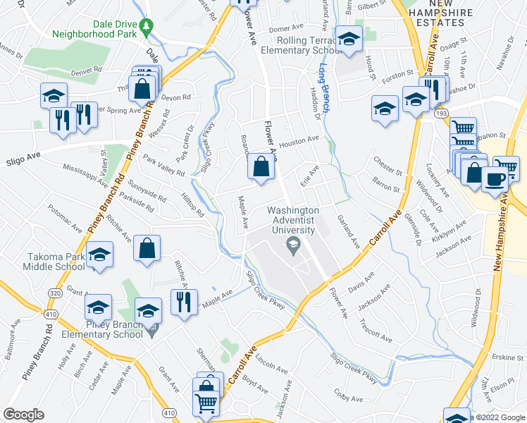 map of restaurants, bars, coffee shops, grocery stores, and more near 713 Erie Avenue in Takoma Park