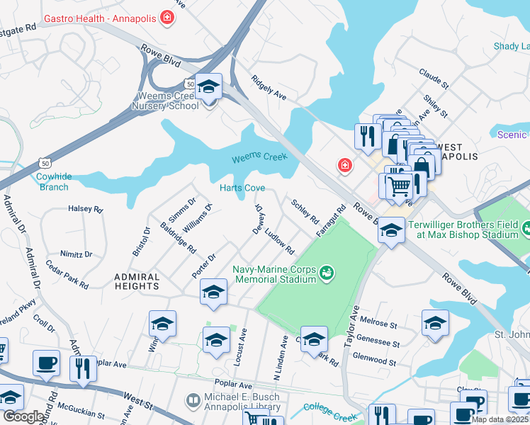 map of restaurants, bars, coffee shops, grocery stores, and more near 314 Dewey Drive in Annapolis