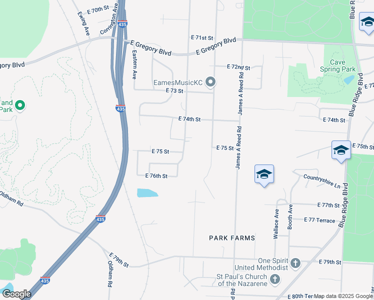 map of restaurants, bars, coffee shops, grocery stores, and more near 7501 Manchester Avenue in Kansas City
