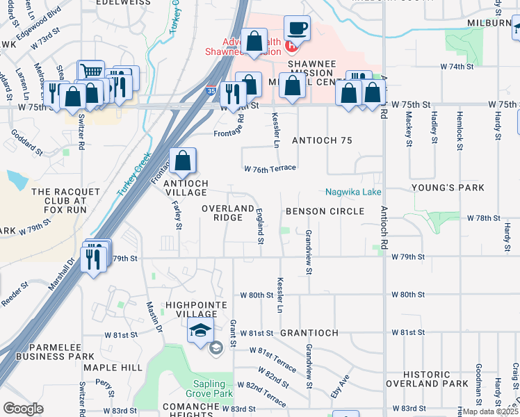 map of restaurants, bars, coffee shops, grocery stores, and more near 7767 England Street in Overland Park