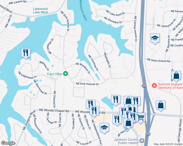 map of restaurants, bars, coffee shops, grocery stores, and more near 428 Northeast Brockton Drive in Lee's Summit