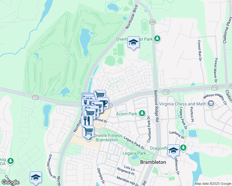 map of restaurants, bars, coffee shops, grocery stores, and more near 42463 Hollyhock Terrace in Brambleton