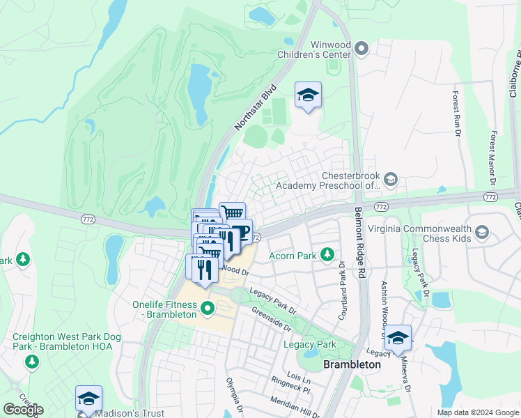 map of restaurants, bars, coffee shops, grocery stores, and more near 42432 Hollyhock Terrace in Ashburn