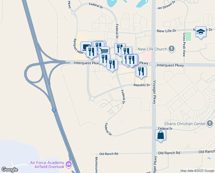 map of restaurants, bars, coffee shops, grocery stores, and more near 10807 New Allegiance Drive in Colorado Springs